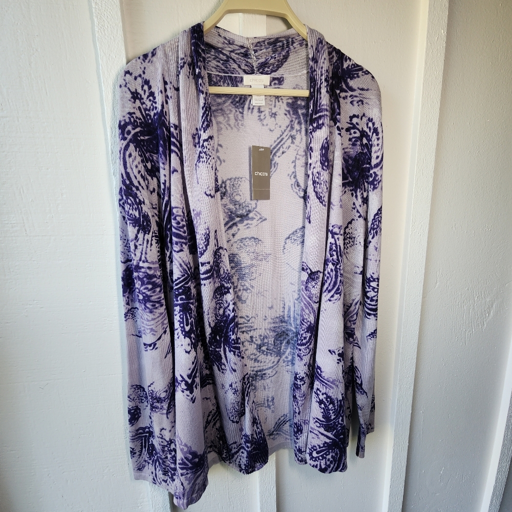 Chico's Faded Paisley Midnight Cardigan Purple and White Floral Cardigan Size 2